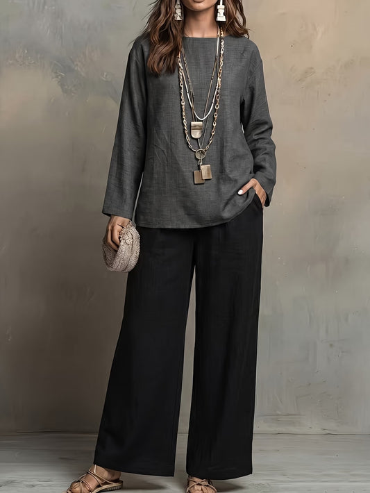 Women’s Boho Casual Top & Relaxed Wide-Leg Pants Set