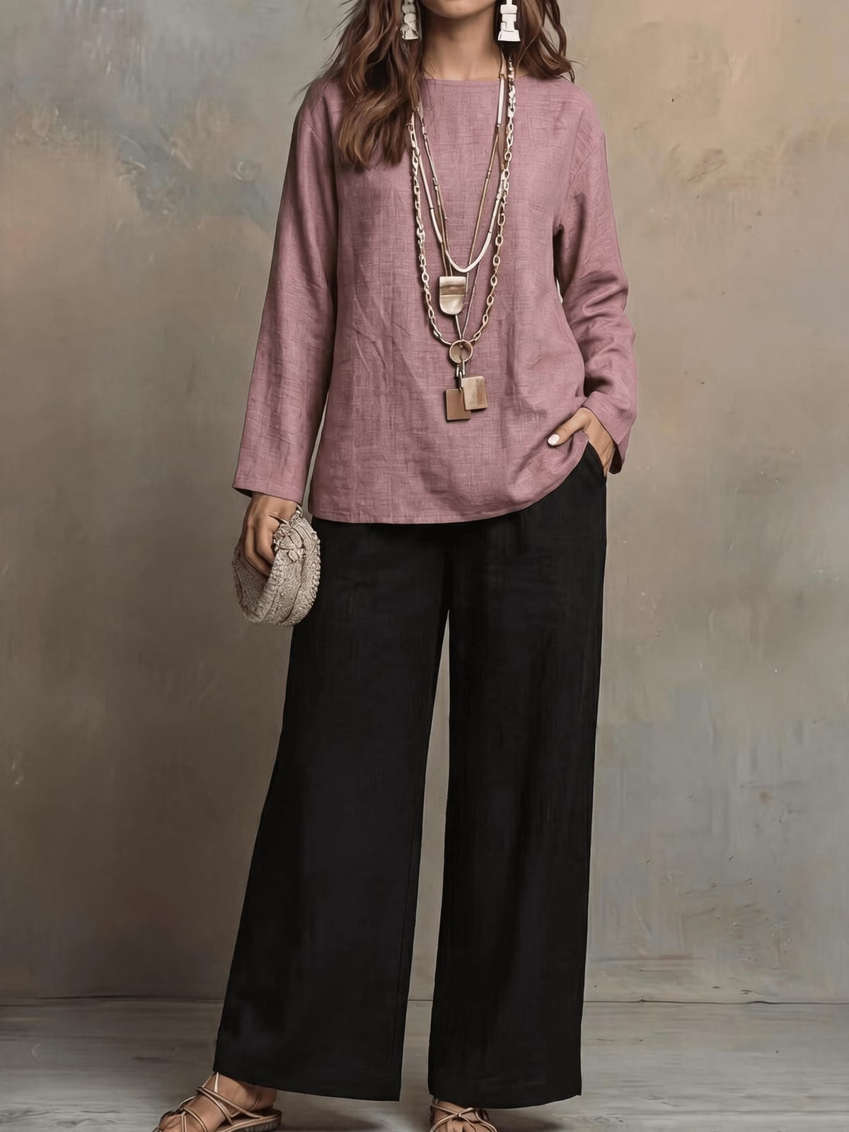 Women’s Boho Casual Top & Relaxed Wide-Leg Pants Set