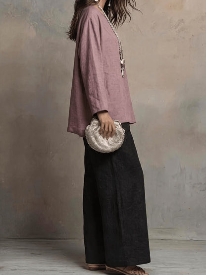 Women’s Boho Casual Top & Relaxed Wide-Leg Pants Set