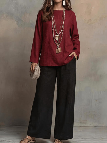 Women’s Boho Casual Top & Relaxed Wide-Leg Pants Set