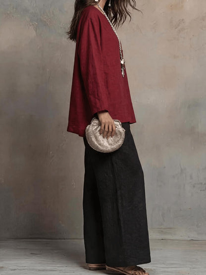 Women’s Boho Casual Top & Relaxed Wide-Leg Pants Set