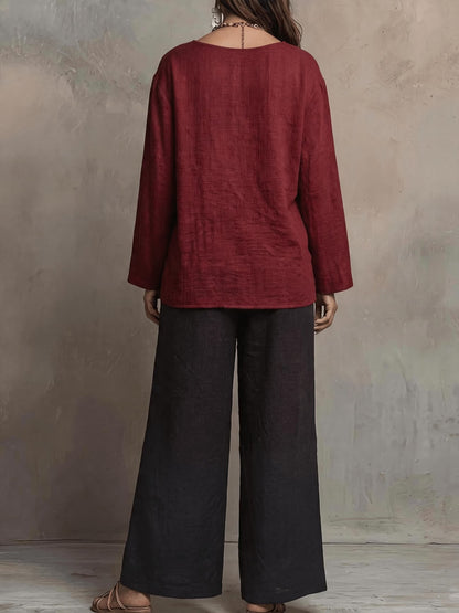 Women’s Boho Casual Top & Relaxed Wide-Leg Pants Set