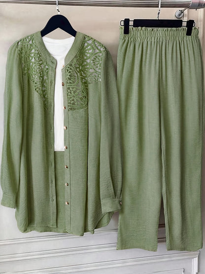 Plus Size Women’s Lace Detail Shirt & Loose Pants Co-Ord