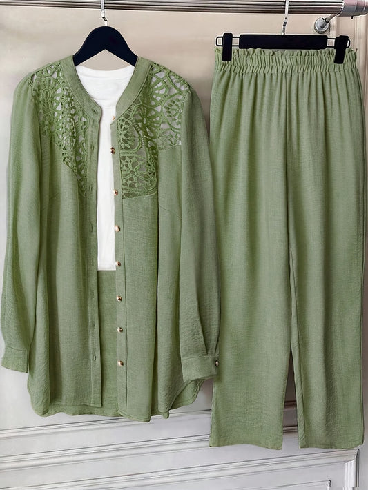 Plus Size Women’s Lace Detail Shirt & Loose Pants Co-Ord