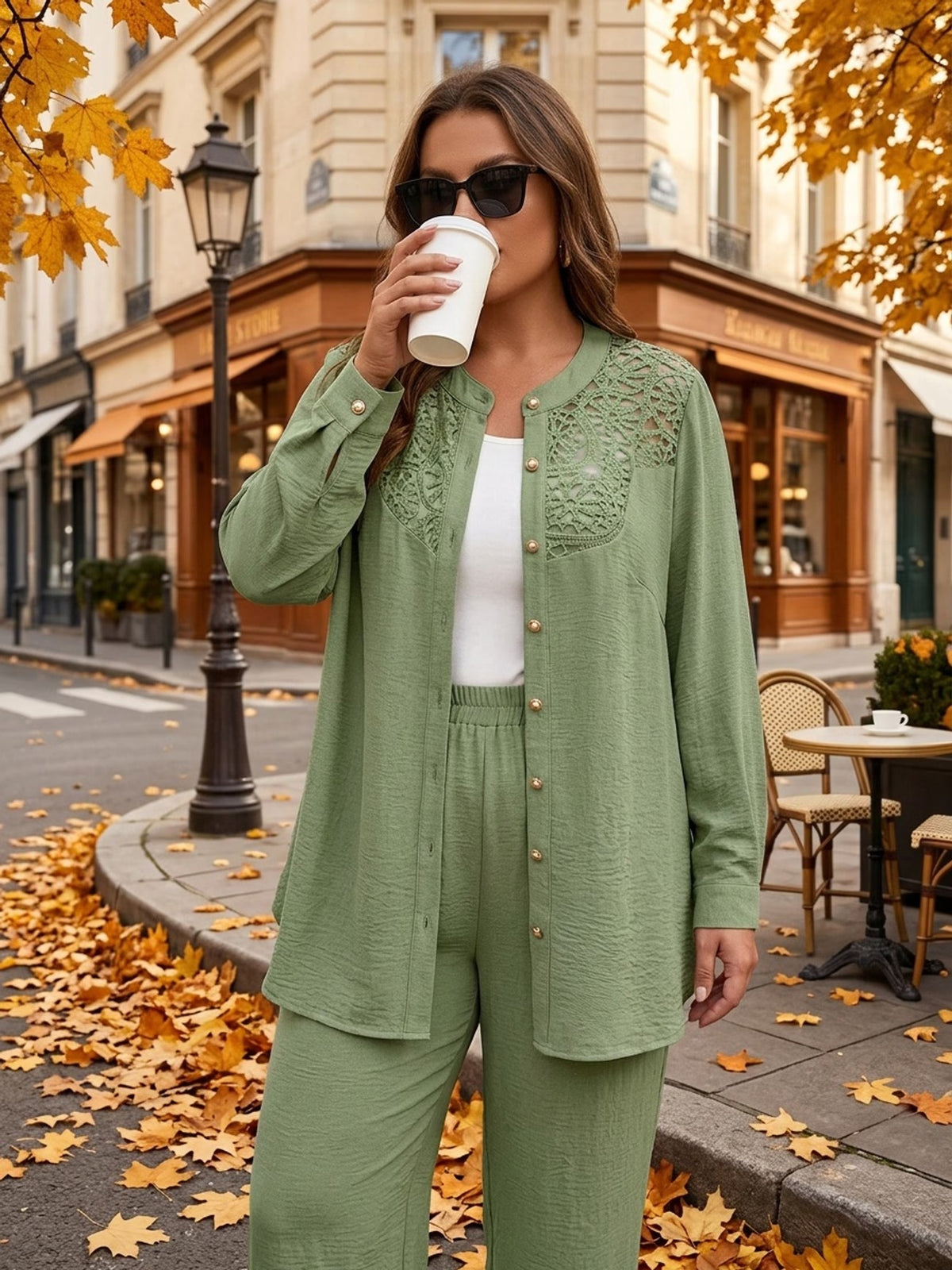 Plus Size Women’s Lace Detail Shirt & Loose Pants Co-Ord