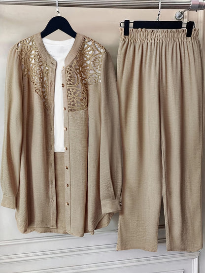Plus Size Women’s Lace Detail Shirt & Loose Pants Co-Ord