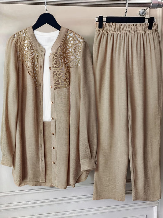 Plus Size Women’s Lace Detail Shirt & Loose Pants Co-Ord