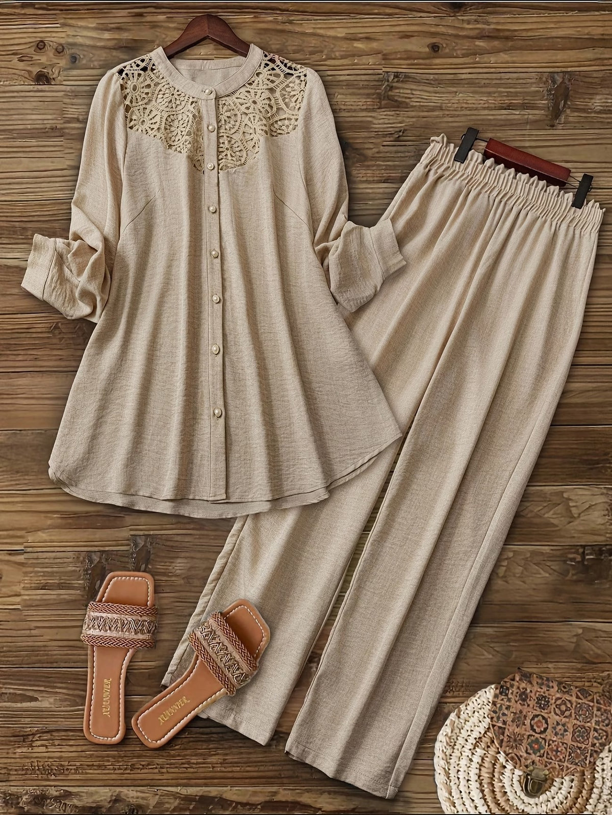 Plus Size Women’s Lace Detail Shirt & Loose Pants Co-Ord