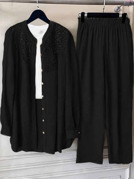 Plus Size Women’s Lace Detail Shirt & Loose Pants Co-Ord