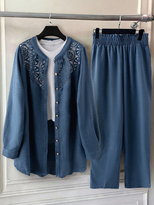 Plus Size Women’s Lace Detail Shirt & Loose Pants Co-Ord