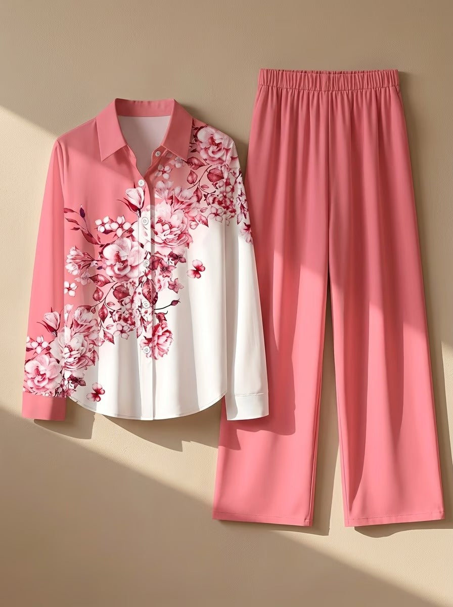 Women’s Lapel Blouse & Loose-Fit Pants 2-Piece Set