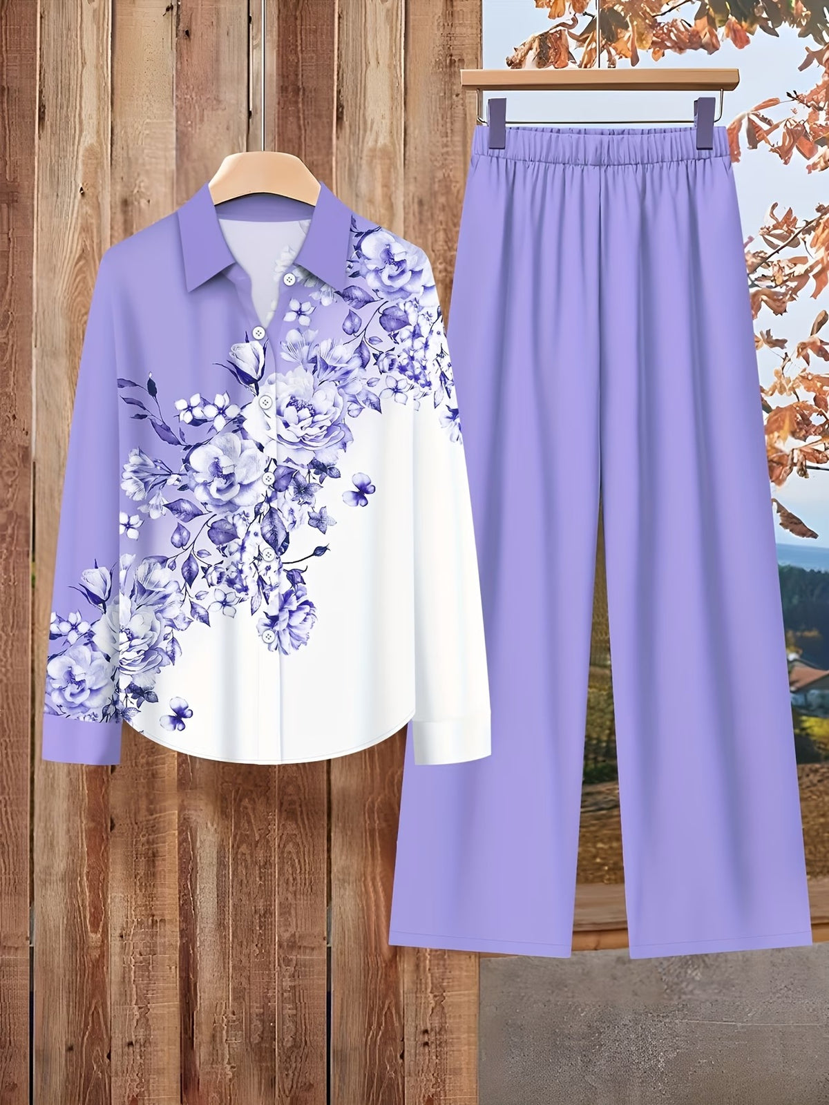 Women’s Lapel Blouse & Loose-Fit Pants 2-Piece Set