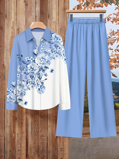 Women’s Lapel Blouse & Loose-Fit Pants 2-Piece Set