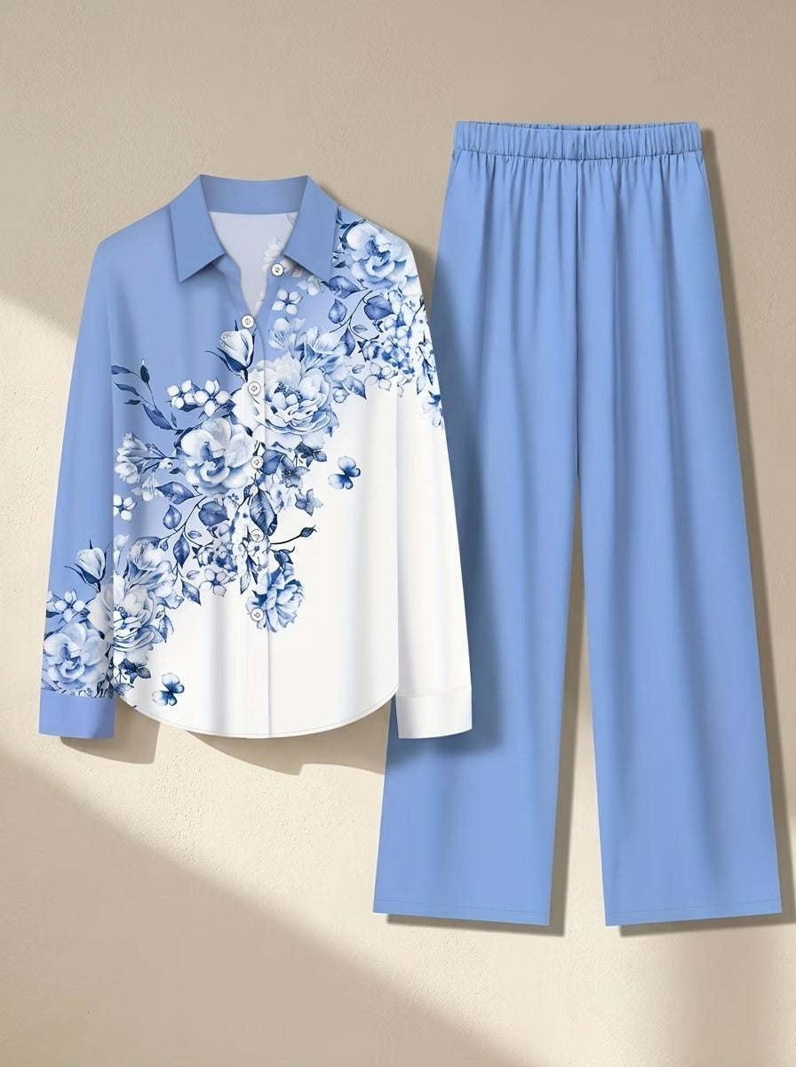 Women’s Lapel Blouse & Loose-Fit Pants 2-Piece Set