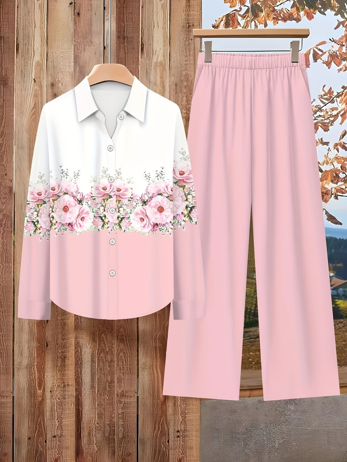 Women’s Lapel Blouse & Loose-Fit Pants 2-Piece Set