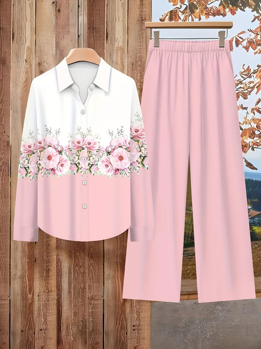 Women’s Lapel Blouse & Loose-Fit Pants 2-Piece Set