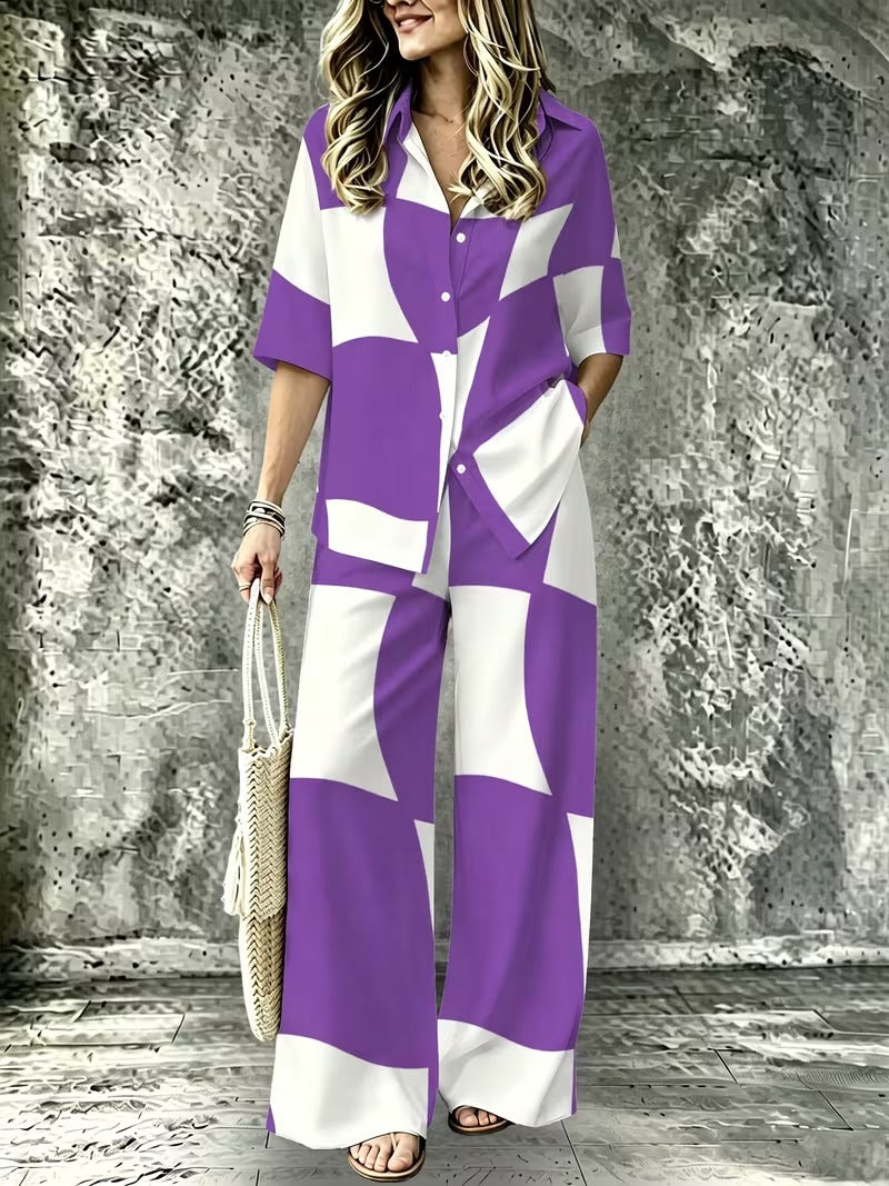 Women’s Casual Lapel Collar & Wide-Leg Pants Set