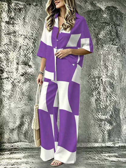 Women’s Casual Lapel Collar & Wide-Leg Pants Set