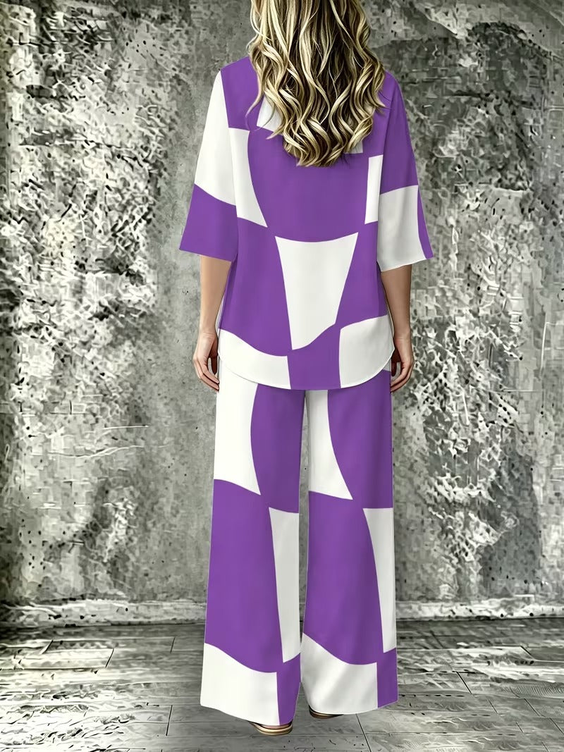 Women’s Casual Lapel Collar & Wide-Leg Pants Set
