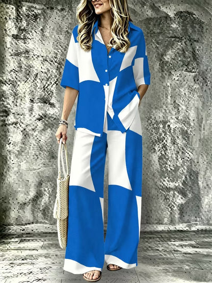 Women’s Casual Lapel Collar & Wide-Leg Pants Set
