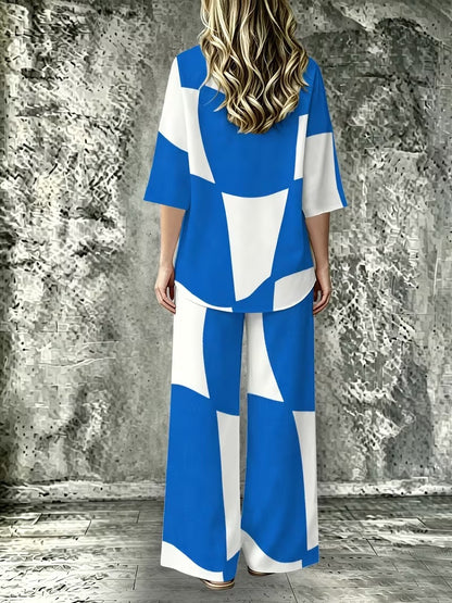 Women’s Casual Lapel Collar & Wide-Leg Pants Set