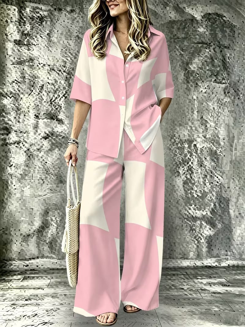 Women’s Casual Lapel Collar & Wide-Leg Pants Set