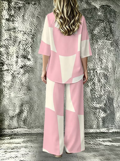 Women’s Casual Lapel Collar & Wide-Leg Pants Set