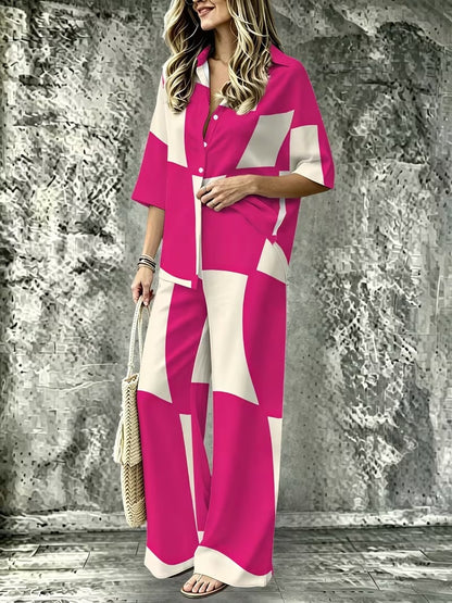 Women’s Casual Lapel Collar & Wide-Leg Pants Set