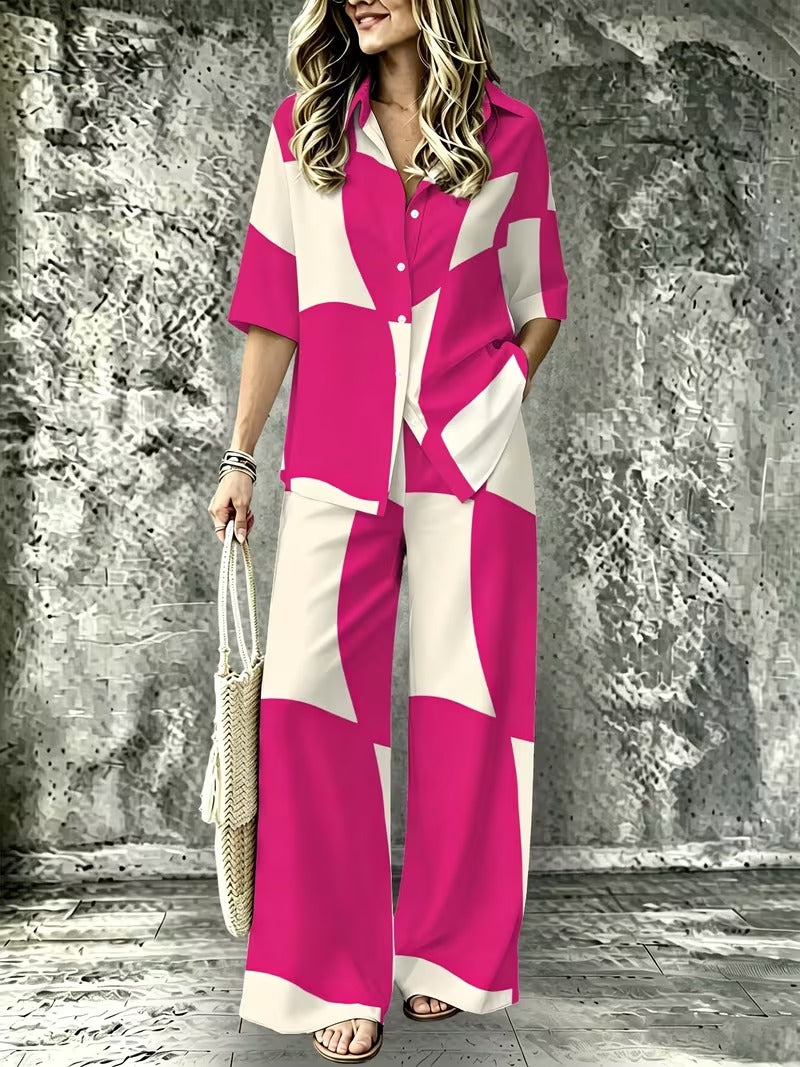 Women’s Casual Lapel Collar & Wide-Leg Pants Set