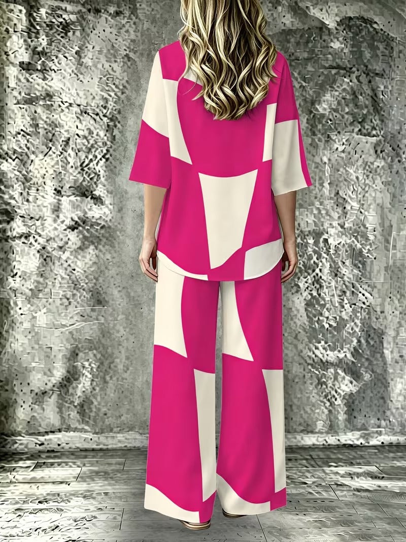 Women’s Casual Lapel Collar & Wide-Leg Pants Set