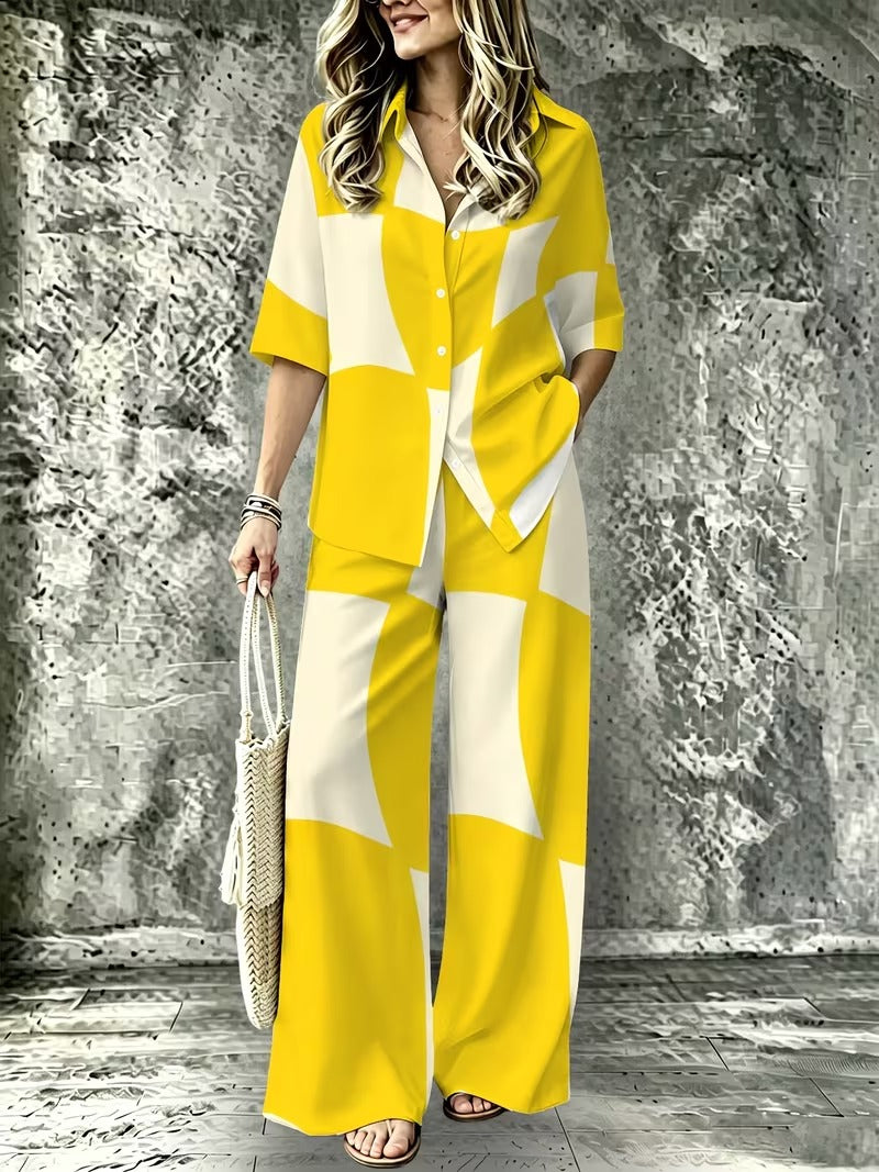 Women’s Casual Lapel Collar & Wide-Leg Pants Set