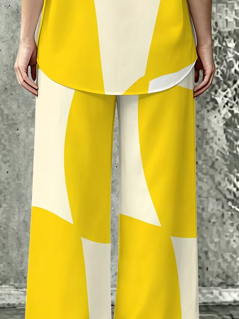 Women’s Casual Lapel Collar & Wide-Leg Pants Set