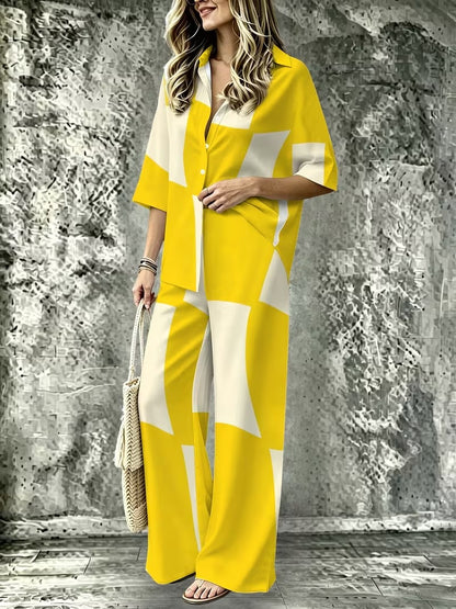 Women’s Casual Lapel Collar & Wide-Leg Pants Set