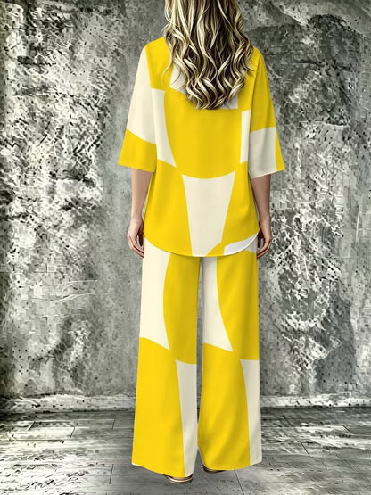Women’s Casual Lapel Collar & Wide-Leg Pants Set