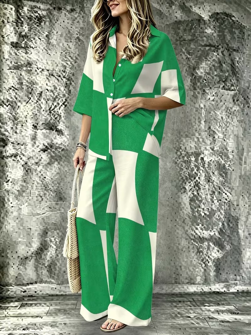 Women’s Casual Lapel Collar & Wide-Leg Pants Set