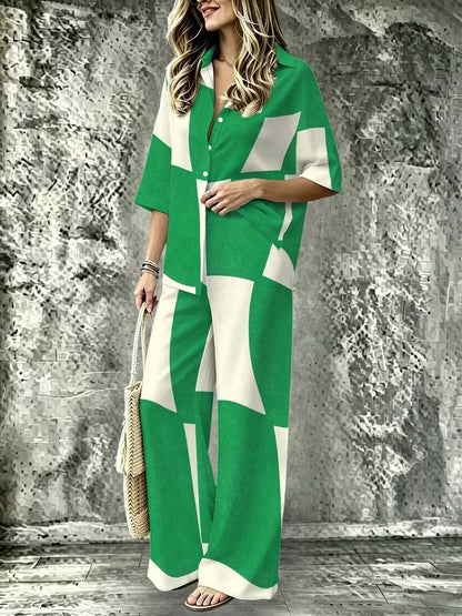 Women’s Casual Lapel Collar & Wide-Leg Pants Set
