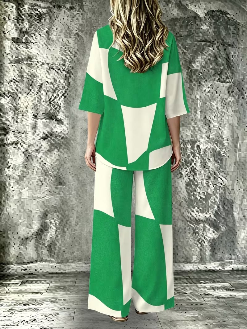 Women’s Casual Lapel Collar & Wide-Leg Pants Set