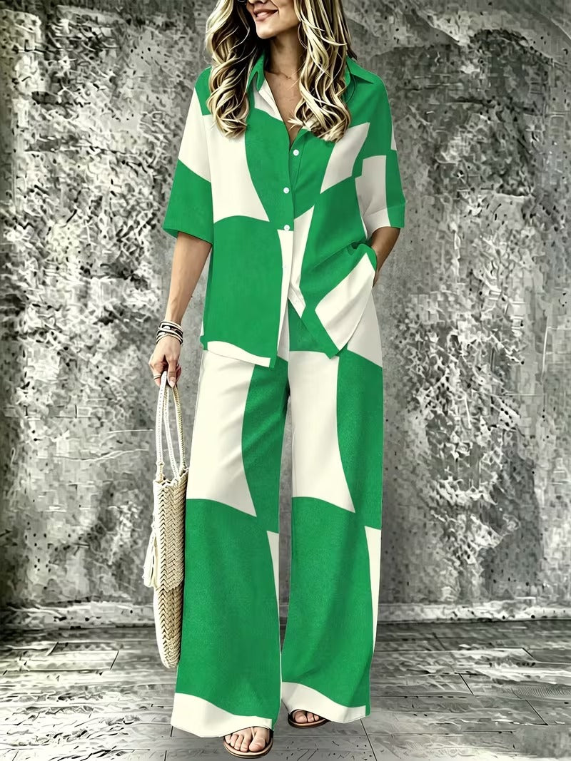 Women’s Casual Lapel Collar & Wide-Leg Pants Set