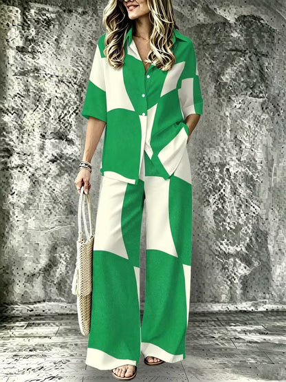 Women’s Casual Lapel Collar & Wide-Leg Pants Set