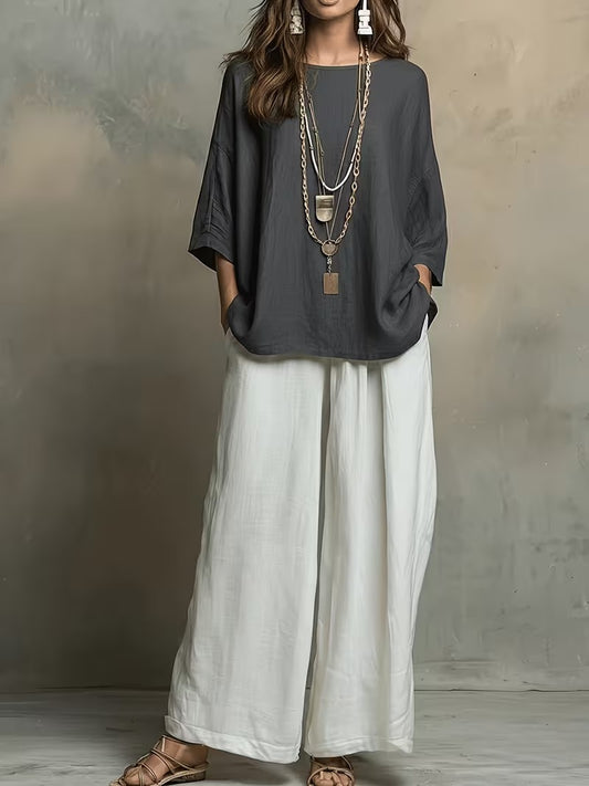 Women’s Boho Round-Neck Top & Wide-Leg Pants Set