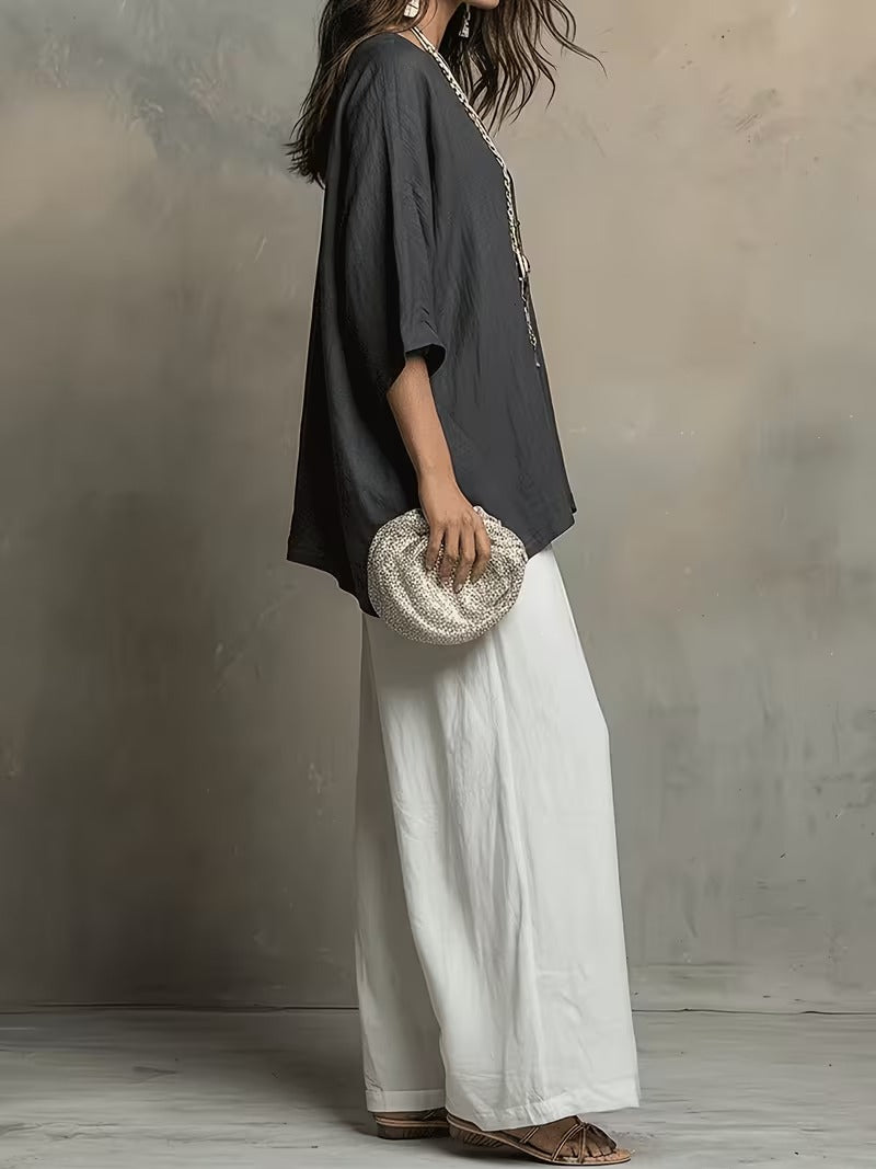 Women’s Boho Round-Neck Top & Wide-Leg Pants Set