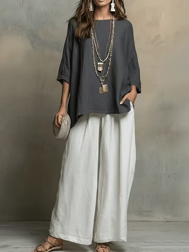Women’s Boho Round-Neck Top & Wide-Leg Pants Set
