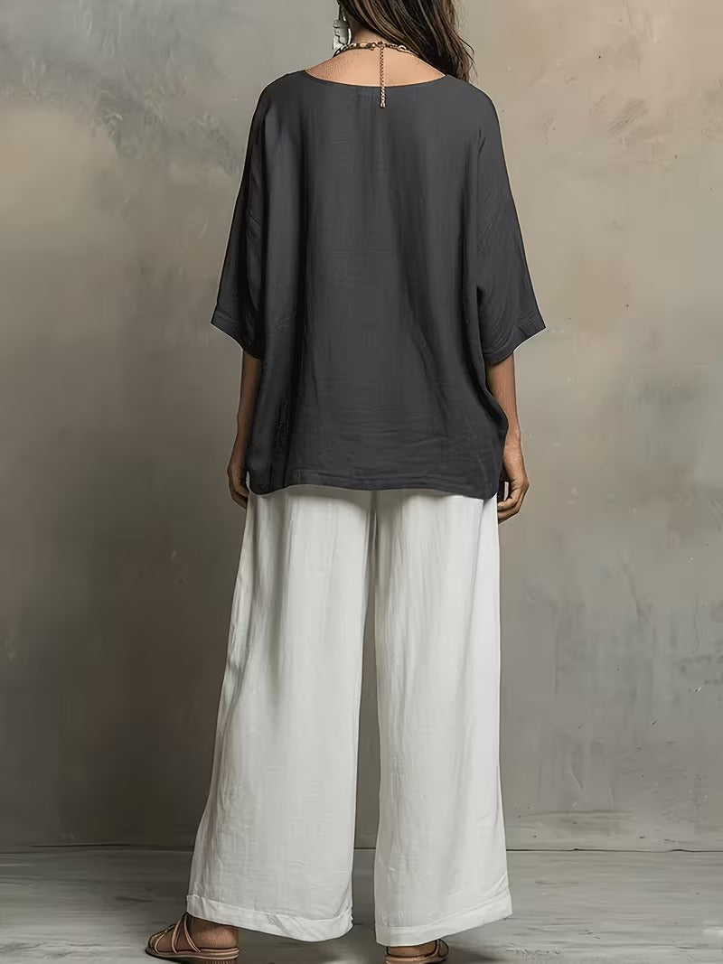 Women’s Boho Round-Neck Top & Wide-Leg Pants Set