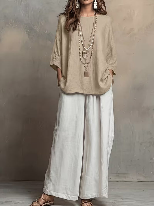 Women’s Boho Round-Neck Top & Wide-Leg Pants Set