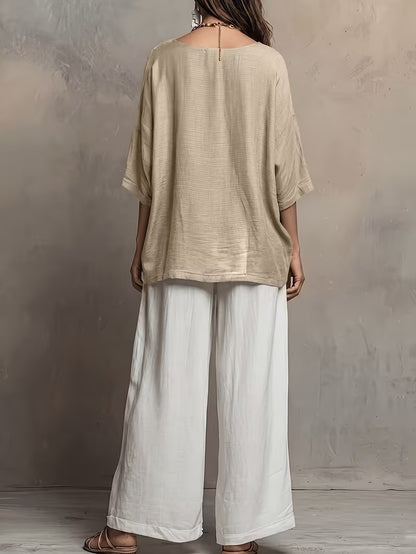 Women’s Boho Round-Neck Top & Wide-Leg Pants Set