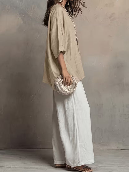 Women’s Boho Round-Neck Top & Wide-Leg Pants Set