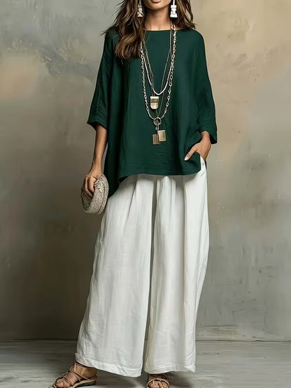 Women’s Boho Round-Neck Top & Wide-Leg Pants Set