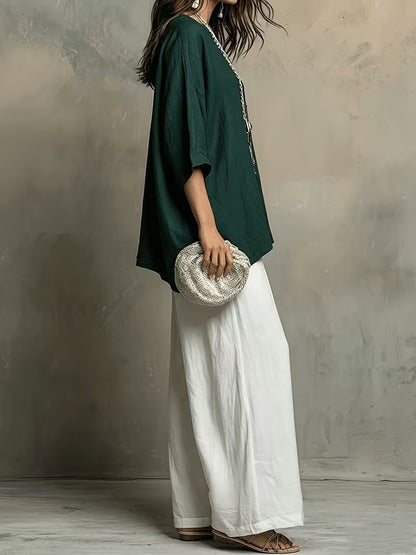 Women’s Boho Round-Neck Top & Wide-Leg Pants Set