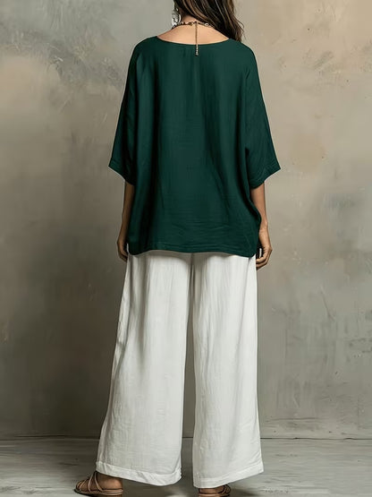 Women’s Boho Round-Neck Top & Wide-Leg Pants Set