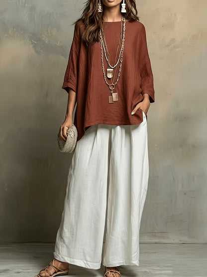Women’s Boho Round-Neck Top & Wide-Leg Pants Set